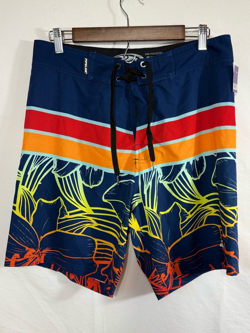 Navy Multicolor Floral Stripe Men's Swim Board Shorts